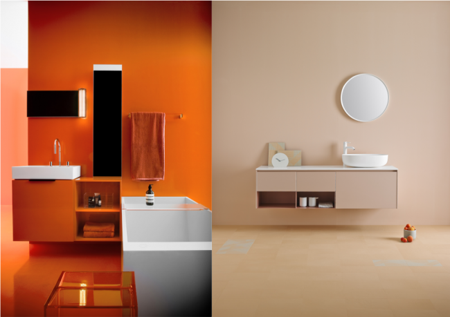 Vasakul: Kartell by Laufeni vannitoamööbel lisab turvalisele minimalismile pisut meeletut oranži.      Paremal: Lakoonilise vormiga mööbel pakub tänu laiale värvivalikule lõputult võimalusi. Tootja Inbani kollektsioon Strato.